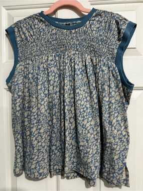 Anthropologie Blue and Cream Smocked Cap-Sleeve Tank